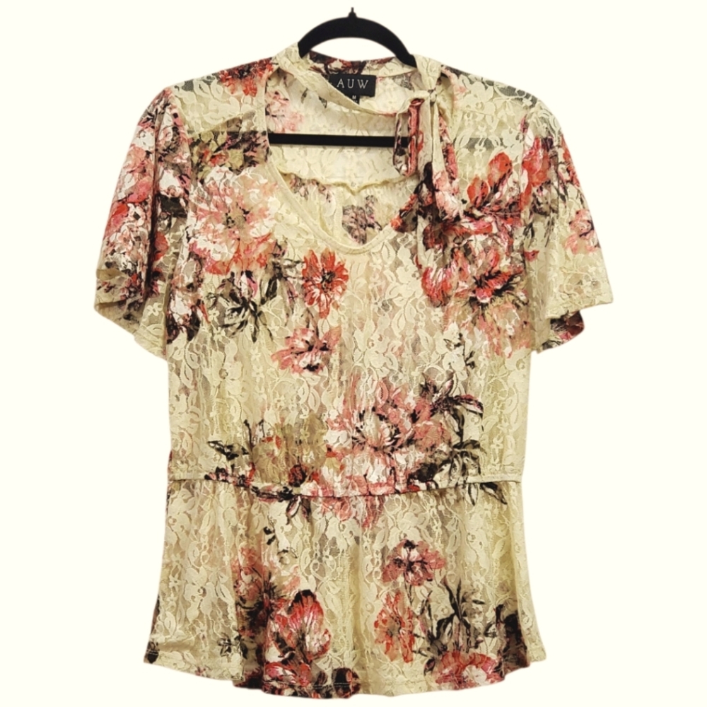 AUW-Medium Floral Lace Blouse - Cream and Pink With Front Tie Around Neck